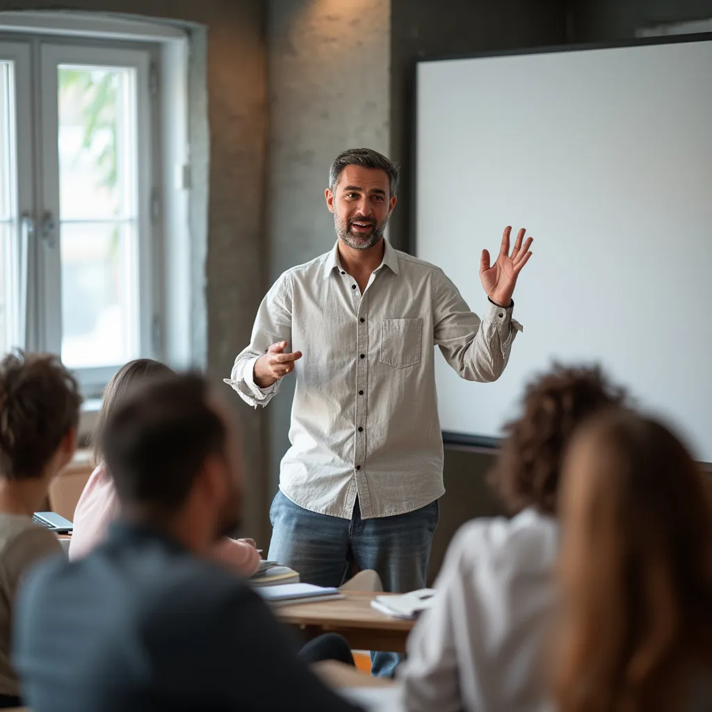 Instructor experto en inversiones dando una clase